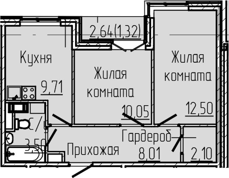 2-комнатная квартира 47.19 м², 7/8 эт., ЖК «SERTOLOVO PARK»